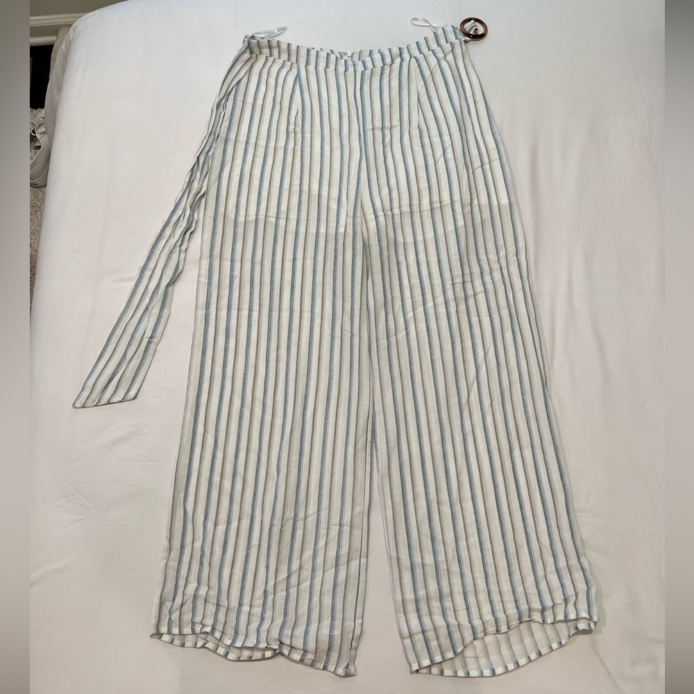White and Blue Wide Leg Pants with Vertical Stripes
